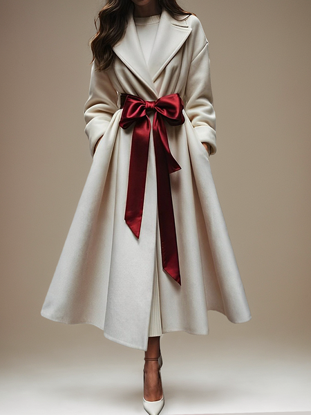 Elegant Plain Regular Sleeve Lapel Collar Coat With Belt, Off white, Coats