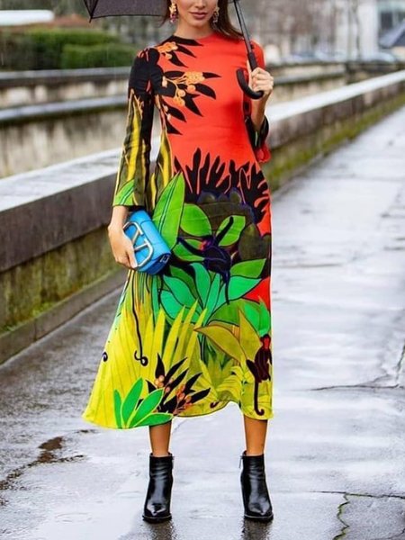 

Elegant Regular Sleeve Regular Fit Floral Crew Neck Midi Dress, As picture, Midi Dresses