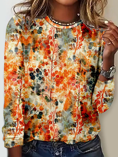 

Casual Floral Crew Neck Long Sleeve T-shirt, Orange, T-shirts