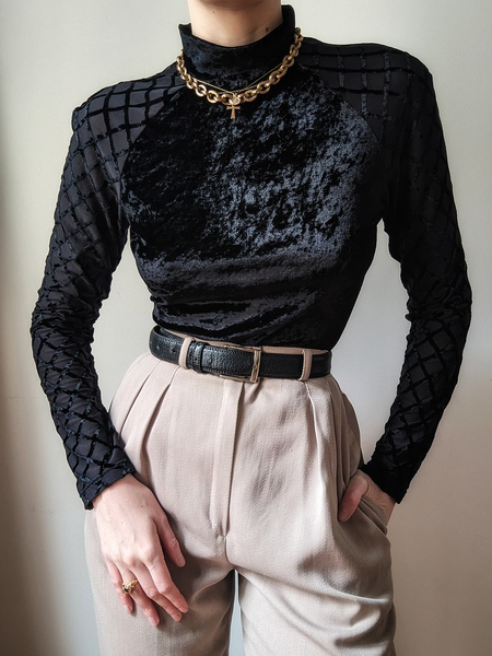 

Medium Elasticity Tight Geometric Raglan Mock Neck Sleeve Long Sleeve Urban Blouse, Black, Blouses and Shirts