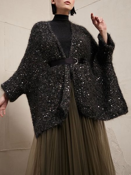 

Dolman Sleeve Casual Loose Cardigan Sweater With Belt, Black, Cardigans