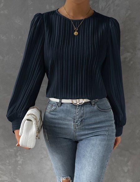 

Crew Neck Long Sleeve Plain Regular Micro-Elasticity Loose Blouse For Women, Navy blue, Blouses
