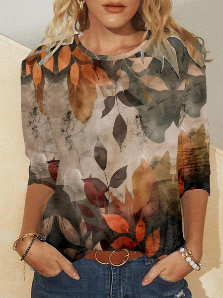 

Casual Leaf Crew Neck Long Sleeve T-shirt, Multicolor, T-shirts
