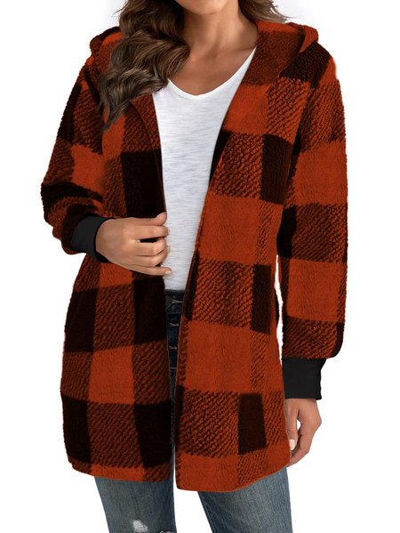 Women's Plaid Regular Loose Jacket, Orange, Coats