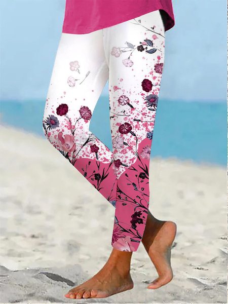 

Contrast Floral Design Casual Leggings, Pink, Leggings