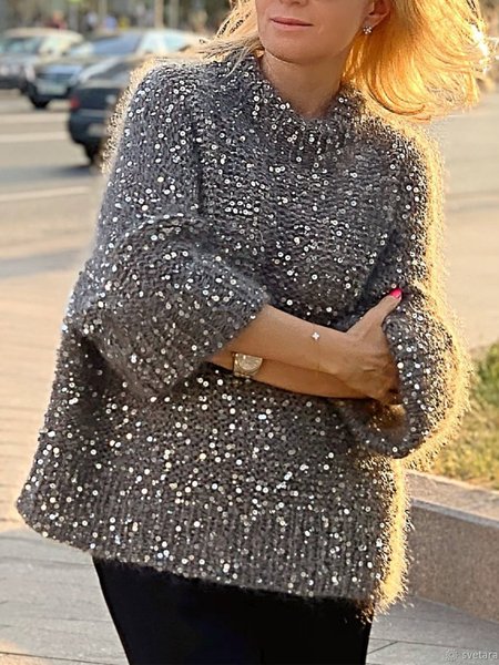 

Raglan Sleeve Casual Loose Plain Sweater, Gray, Pullovers