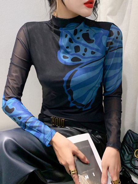 

Stand Collar Long Sleeve Floral Daily T-Shirt, Blue, Tees