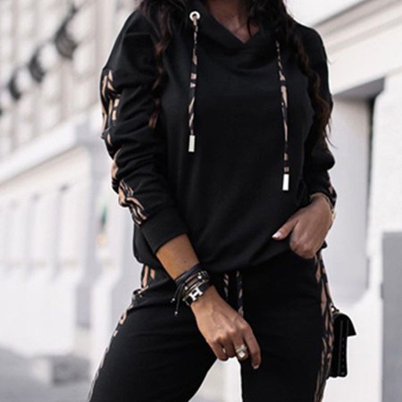 

Women Plain V Neck Long Sleeve Comfy Casual Zipper Top With Pants Two-Piece Set, Black, Sets