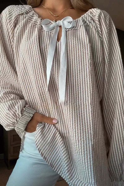 Crew Neck Long Sleeve Striped Regular Micro-Elasticity Loose Blouse For Women, Khaki, Blouses