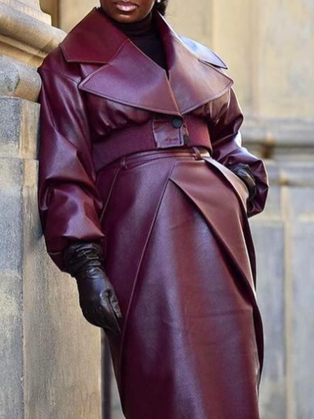

Regular Fit Pu Regular Sleeve Lapel Collar Long Sleeve Urban Faux Leather Coat, Wine red, Jackets