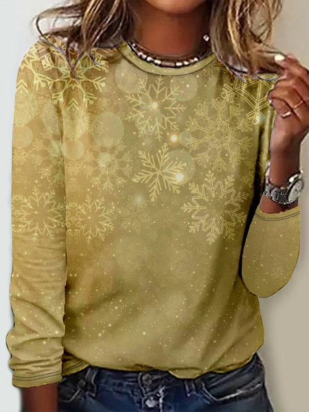 

Casual Christmas Crew Neck Long Sleeve T-shirt, Golden, T-shirts