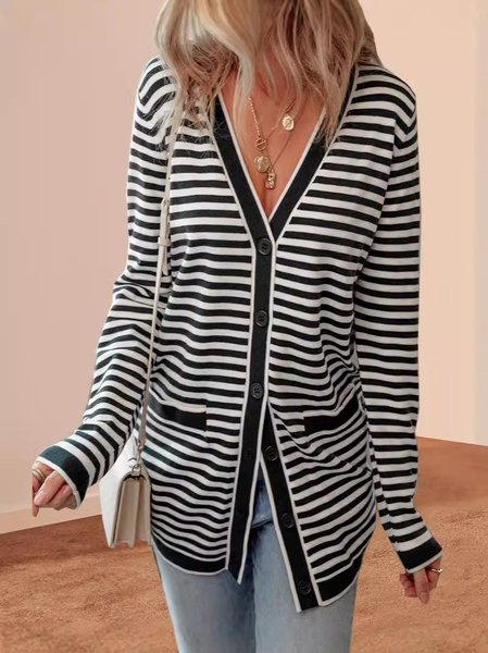 Women's Striped Regular Loose Jacket, Black, Outerwear