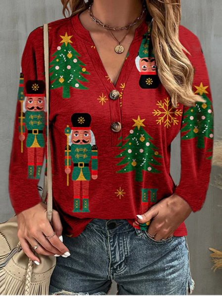 

Casual Christmas Crew Neck Long Sleeve T-shirt, Red, T-shirts