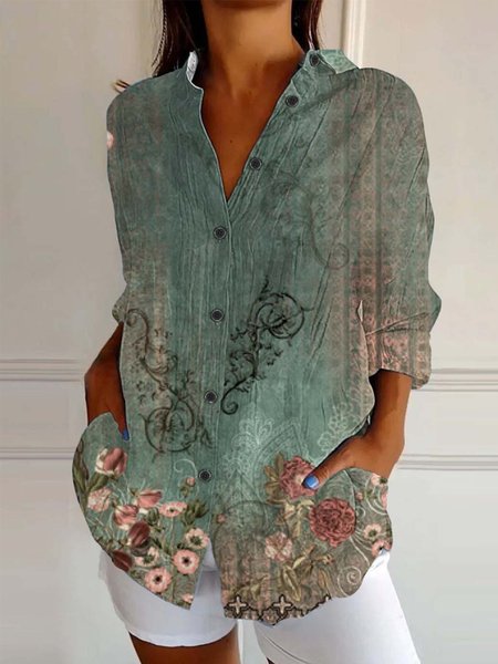 Shirt Collar Casual Shirt, Green, Blouses