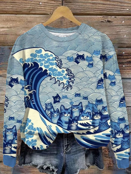 

Women's Blue Waves&Cats Printed Sweatshirt, Hoodies&Sweatshirts