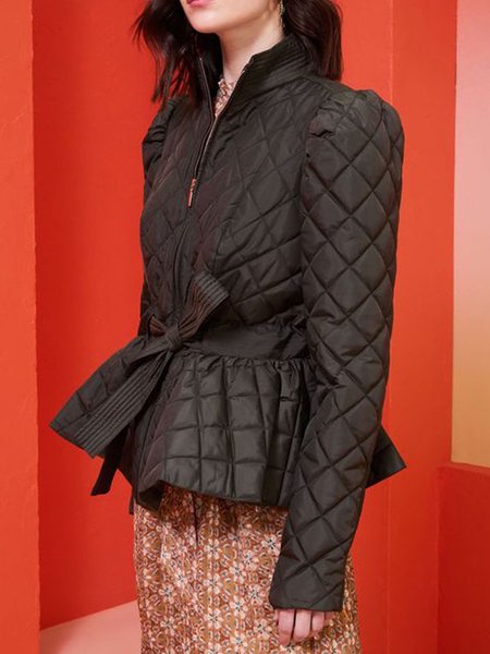 

Regular Sleeve Plain Elegant Regular Fit Padded Jacket With Belt, Black, Padded Jackets