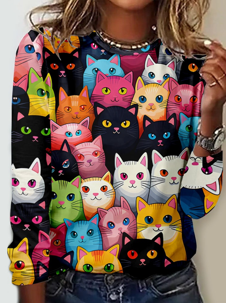 

Funny Casual Cat Crew Neck Long Sleeve Shirt, As picture, Long sleeves