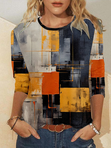 

Casual Geometric Crew Neck Long Sleeve T-shirt, Multicolor, T-shirts