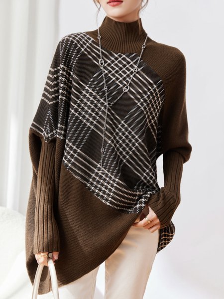 

Plaid Raglan Sleeve Loose Casual Sweater, Brown, Pullovers