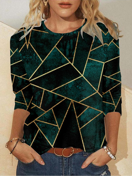 

Casual Loose Jersey Geometric T-Shirt, Green, Long sleeves