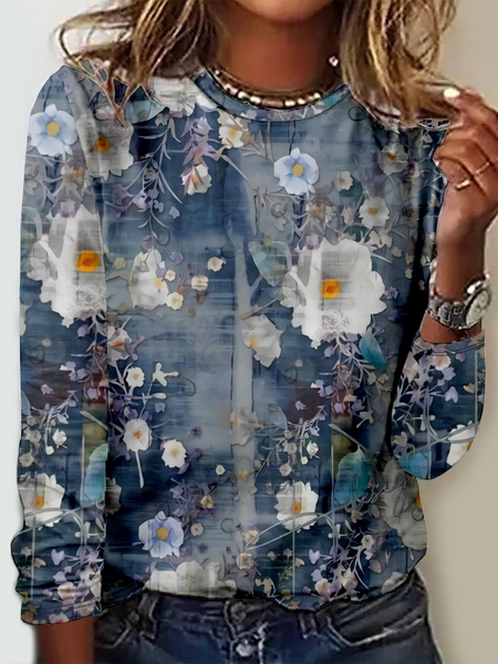 Casual Crew Neck T-Shirt, Blue, Long sleeves