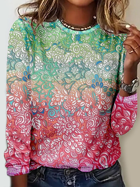 

Casual Ethnic Crew Neck Long Sleeve T-shirt, Pink, T-shirts