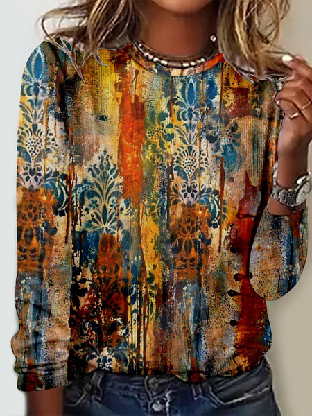 

Casual Ethnic Crew Neck Long Sleeve T-shirt, Multicolor, T-shirts