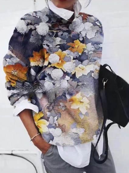 Casual Crew Neck Floral Sweatshirt Zipper, Yellow, Hoodies & Sweatshirts