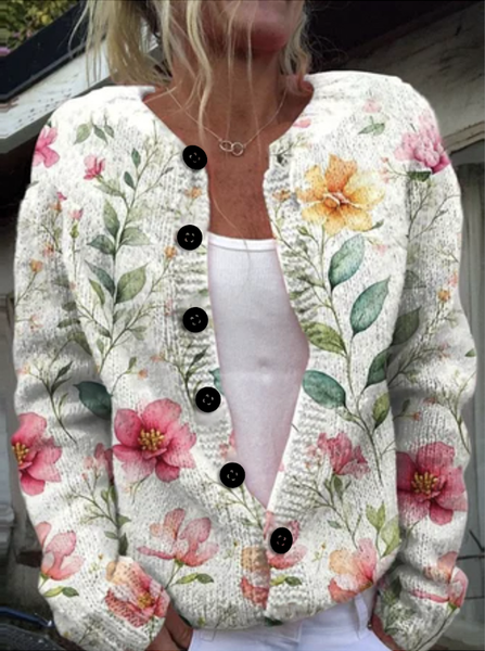 

Women Knitted Plants Print Long Sleeve Comfy Casual Cardigan, White, Cardigans