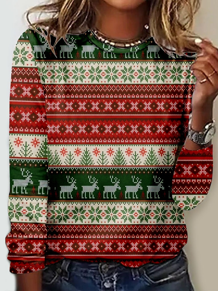Casual Christmas Crew Neck Long Sleeve T-shirt, Green, T-shirts