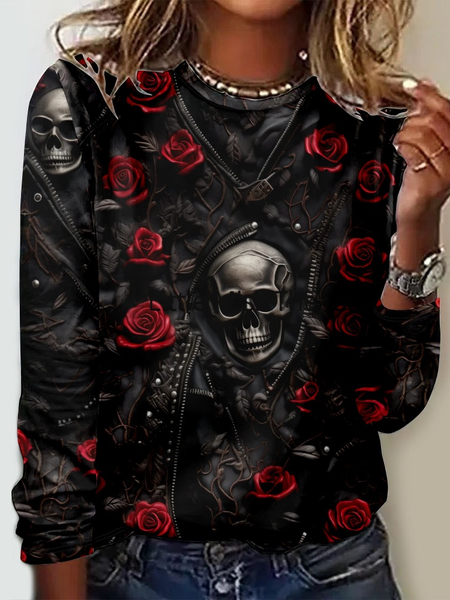 

Crew Neck Casual Skull 3D Printing Long Sleeve Shirt, Black, Long sleeves