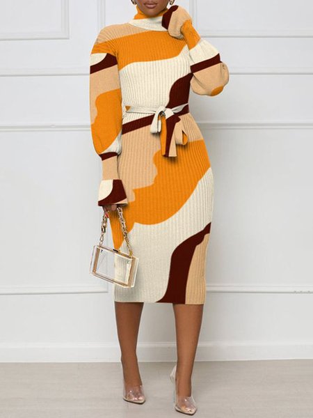 

Long Sleeve Casual Sweater Dress With Belt, As picture, Midi Dresses