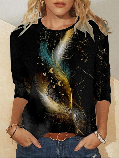 

Casual Abstract Crew Neck Long Sleeve T-shirt, Black, T-shirts