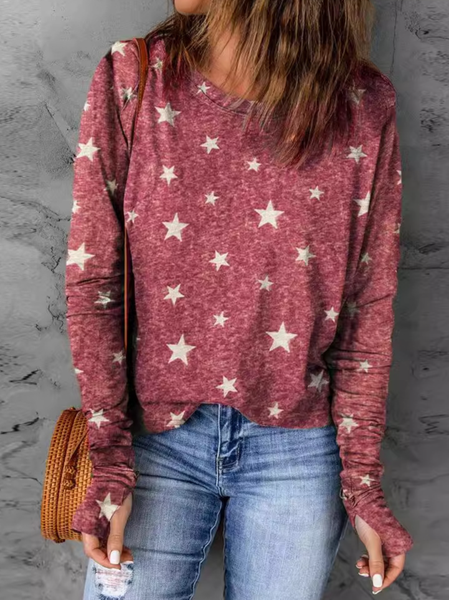 Casual Star Crew Neck Long Sleeve T-shirt, Red, T-shirts