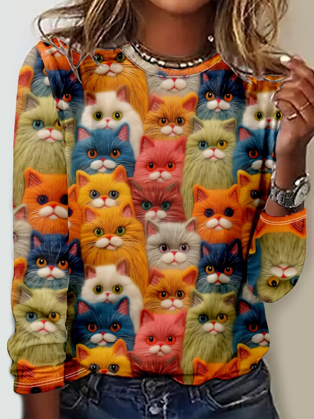 

3D Printing Casual Funny Cat Crew Neck Long Sleeve Shirt, As picture, Long sleeves