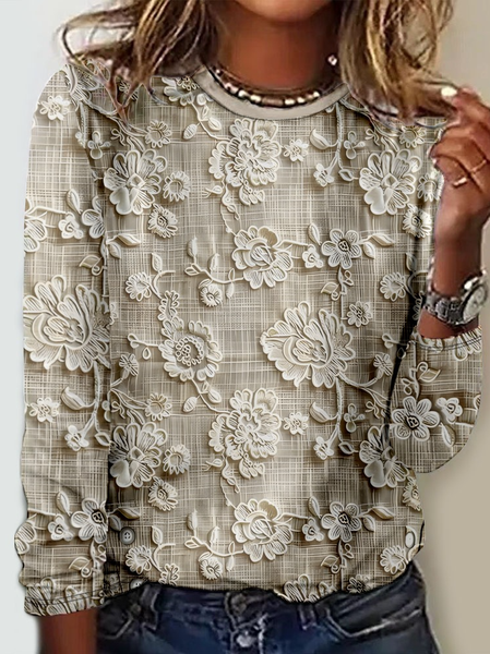 

3D Printing Floral Lace Embroidered Linen Blend Cozy Long Sleeve Shirt, Light khaki, Long sleeves