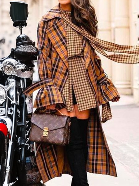 

Casual Loose Plaid Others Trench Coat, As picture, Trench Coats