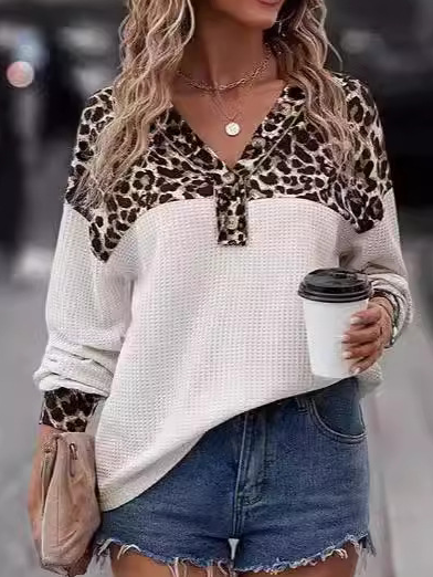 

V Neck Long Sleeve Leopard Regular Micro-Elasticity Loose Blouse For Women, White, Blouses