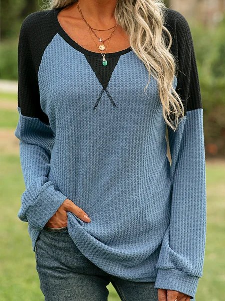 

V Neck Long Sleeve Color Block Regular Micro-Elasticity Loose Blouse For Women, Blue, Blouses