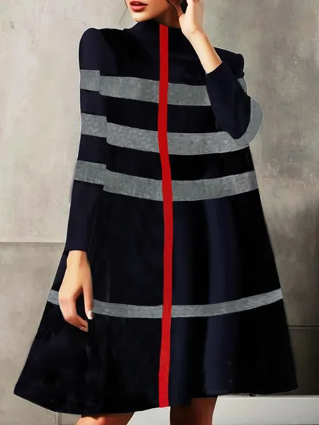 

Plaid Regular Sleeve Casual Loose Sweater Dress, Black-grey, Midi Dresses