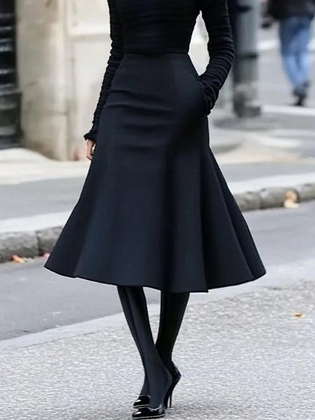 

Plain Elegant Loosen Midi Skirt, Black, Skirts