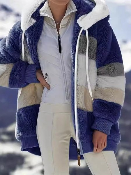 

Women's Autumn Outerwear Casual Fluff/Granular Fleece Fabric Contrast Stitching Long Sleeve Hoodie Jacket, Deep blue, Outerwear