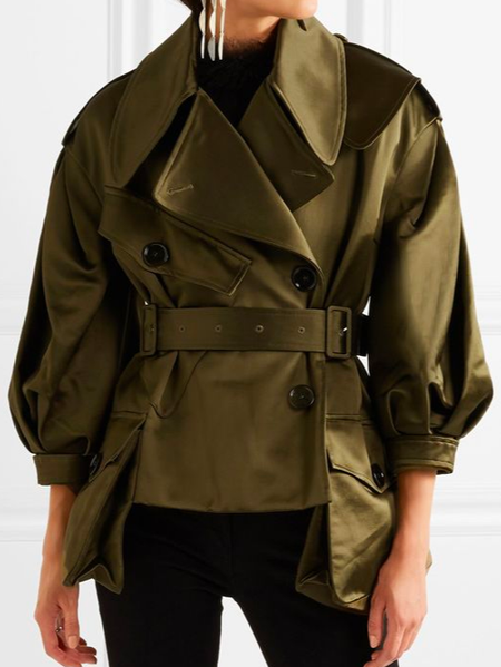 Loose Casual Regular Sleeve Plain Jacket With Belt, Green, Jackets