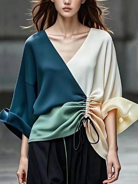 

Urban Color Block V Neck Loose Blouse, As picture, Blouses and Shirts