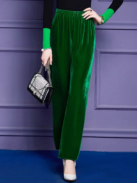 

Plain Regular Fit Velvet Urban Fashion Pants, Green, Pants