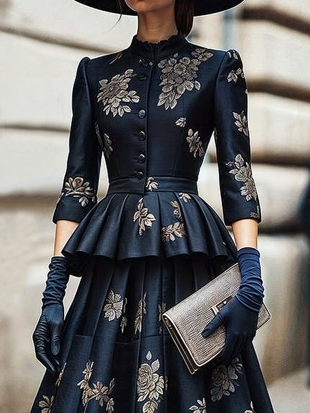 

Regular Fit Stand Collar Three Quarter Sleeve Elegant Floral Jacket, As picture, Jackets