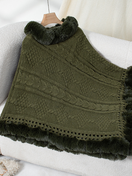 

Women's Spring/Fall Outerwear Elegant Fur Collar Plain Crew Neck Cape Coat, Army green, Outerwear
