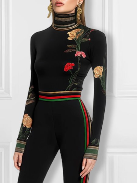 Floral Turtleneck Tight Long Sleeve Urban T-Shirt, Black, Tees