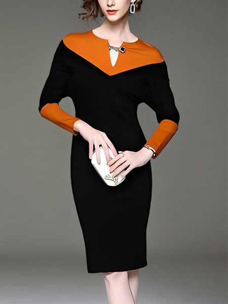

Elegant Color Block Long Sleeve Dress, Black-orange, Midi Dresses