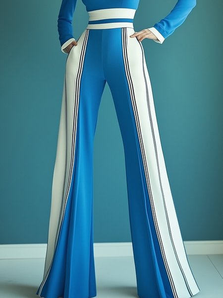 Color Block Urban Fashion Wide Leg Pants, Blue, Pants